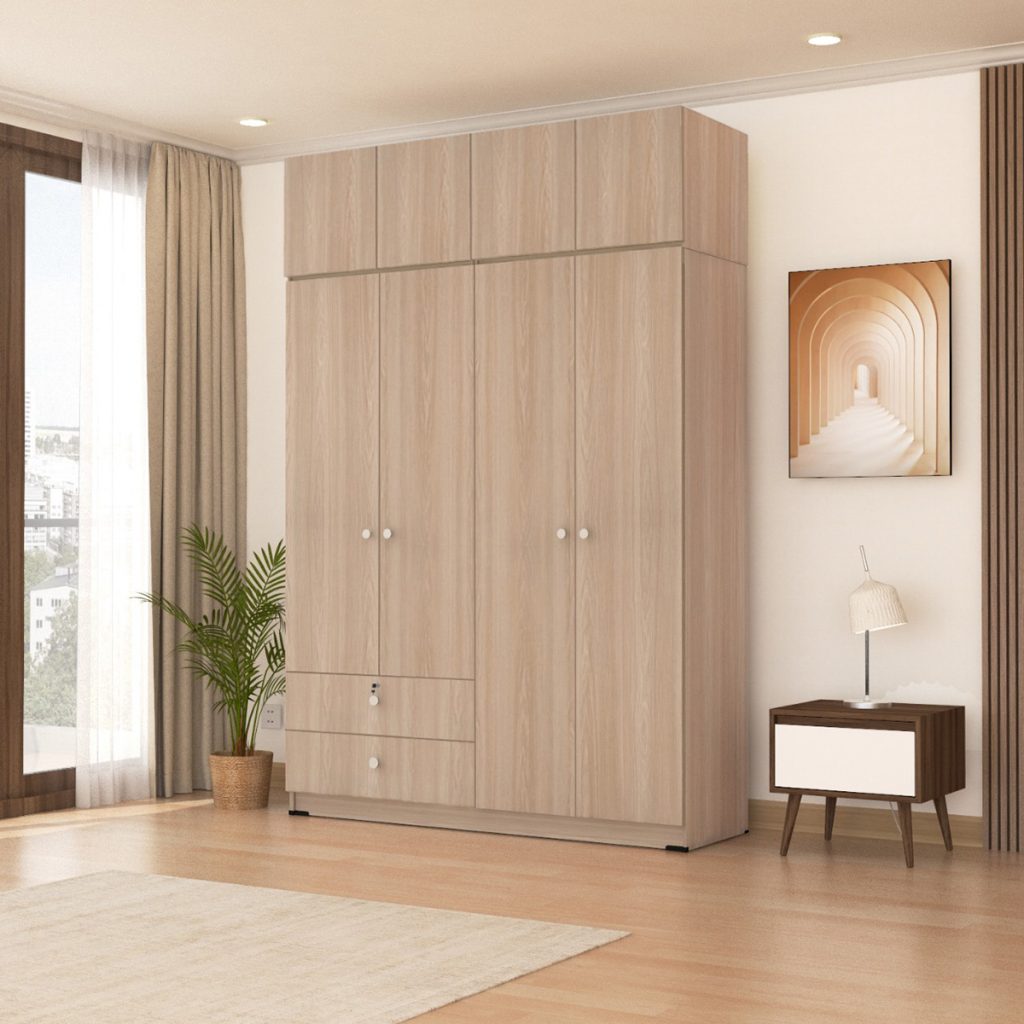 Lemari Pakaian Kayu 4 Pintu Minimalis Modern | Texas Wardrobe – Kirana Furniture