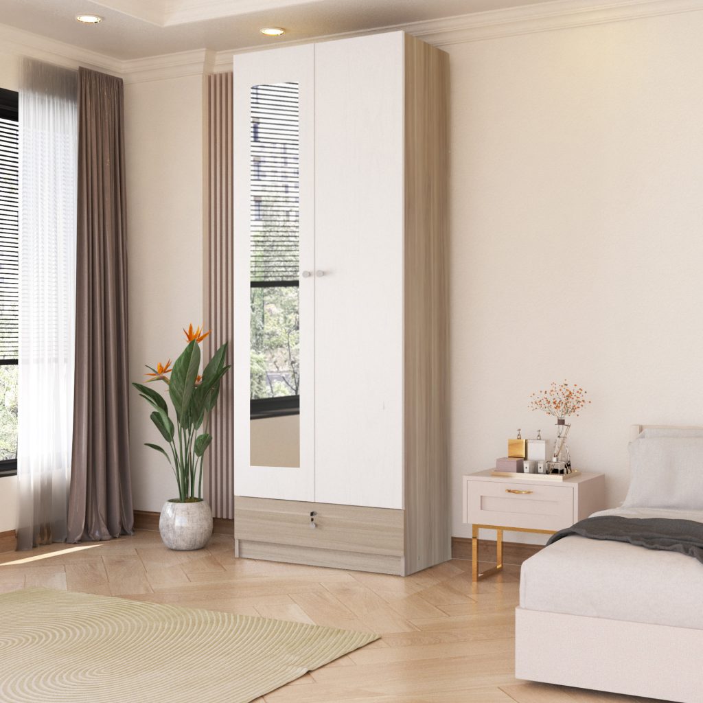 Lemari Pakaian Kayu 2 Pintu Minimalis Modern | Boston 70 Wardrobe – Kirana Furniture