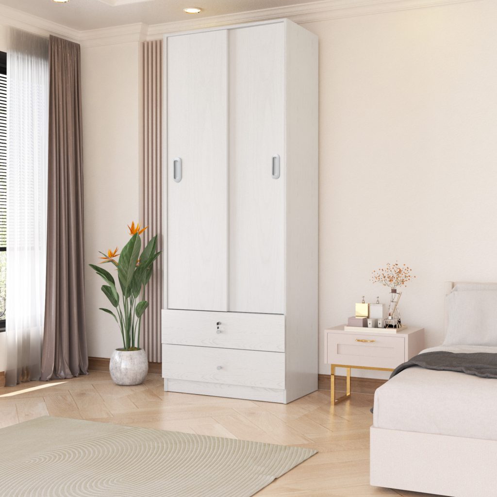 Lemari Sliding Kayu 2 Pintu Minimalis Modern | London Wardrobe – Kirana Furniture