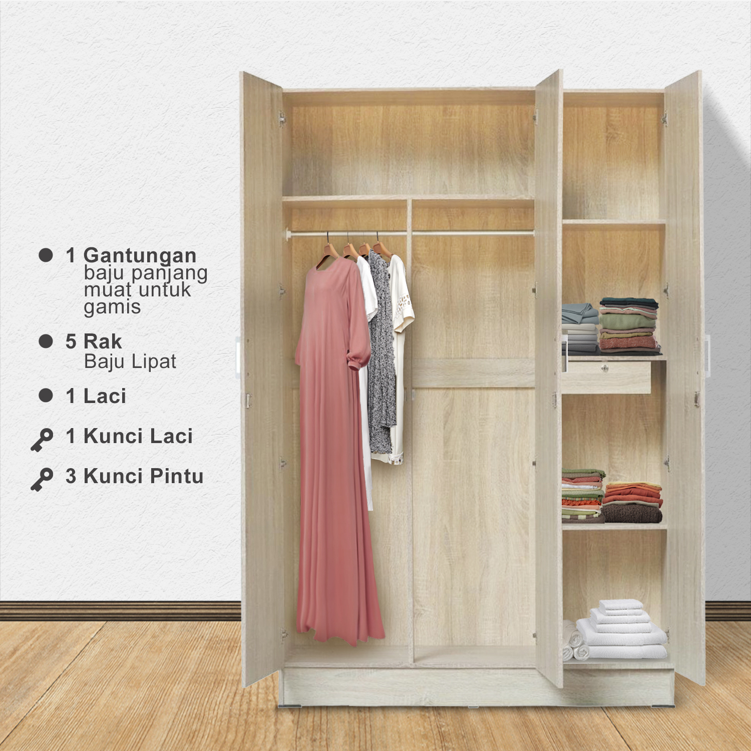 Lemari Pakaian Kayu Minimalis Modern | Wanaka Wardrobe – Kirana Furniture - Gambar 2