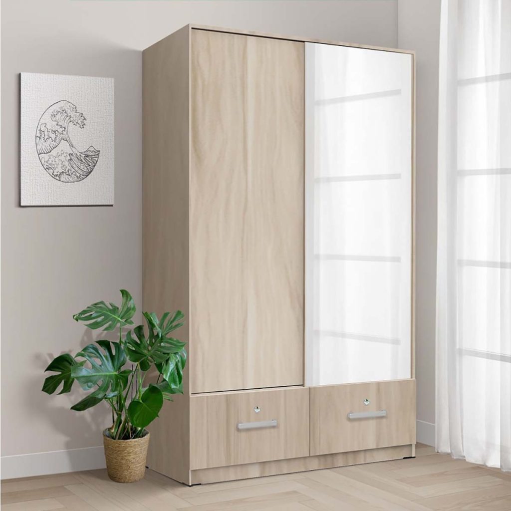 Lemari Sliding Kayu 2 Pintu Minimalis Modern | Omaha Wardrobe – Kirana Furniture