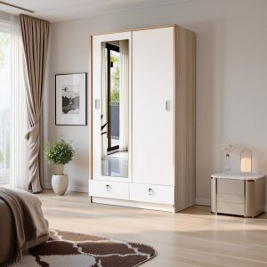 Lemari Sliding Kayu 2 Pintu Minimalis Modern | NewOmaha Wardrobe – Kirana Furniture